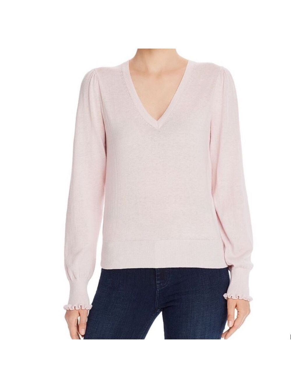 Rebecca Taylor La Vie Ruffle Cuff V-Neck Wool Blend Light Pink Sweater, XL